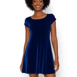 Vintage Joule Velvet Velour tunic swing dress midnight blue cap sleeve SZ SM